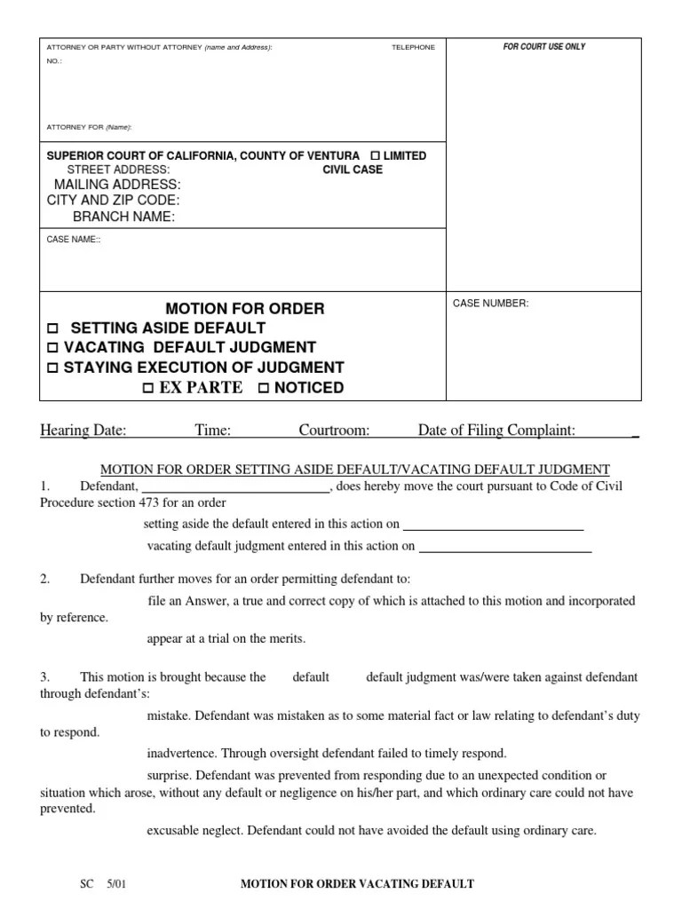 Motion To Set Aside Default PDF Form | Default Judgment | Complaint