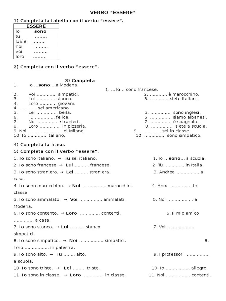 esercizi verbo essere e avere italiano per stranieri