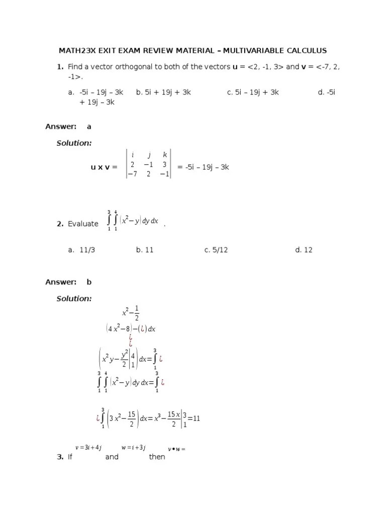 Math23x Exit Exam Review Material - Multivariable Calculus | PDF ...