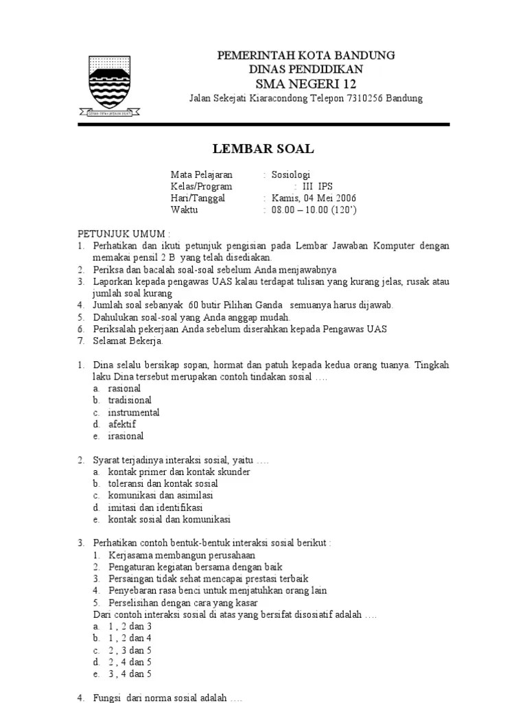 Latihan soal bimbingan alumni ui sosiologi tentang pengendalian dan penyimpangan sosial. Soal Sosiologi Pdf