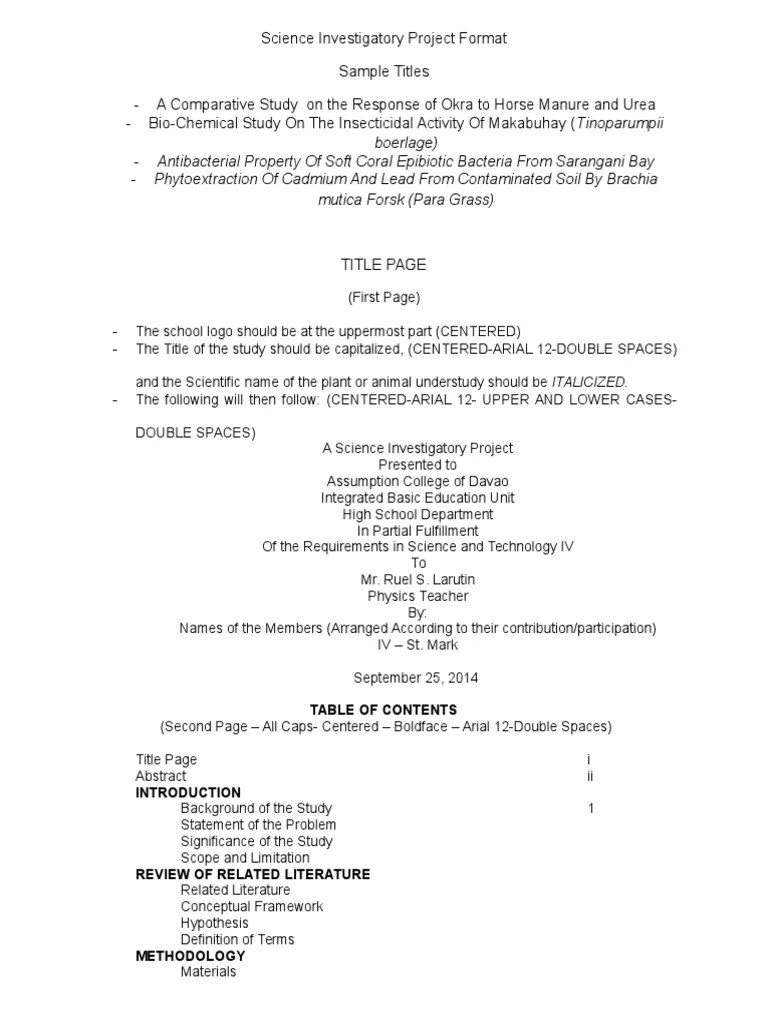 Science Investigatory Project Format | PDF | Citation | Nature