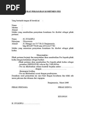 Sisurat contoh surat pernyataan komitmen fee komisi imbalan . Surat Perjanjian Komitmen Fee1 Pdf