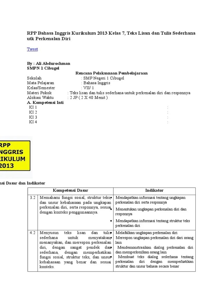 Buku lks bahasa inggris kelas 9 smp/mts semester 2 kurikulum 2013. Contoh Rpp B Inggris Kelas Vii Sm I
