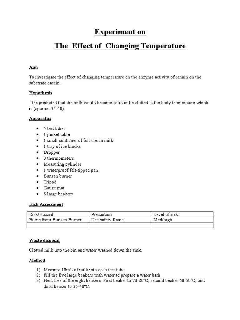 Effect Temperature Enzyme Activity Rennin Casein | PDF | Experiment ...