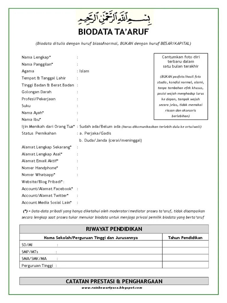 Umumnya berbagai contoh cv taaruf berisi tentang informasi diri baik fisik dan kepribadian, keluarga, riwayat pendidikan, riwayat pekerjaan. Format Biodata Taaruf