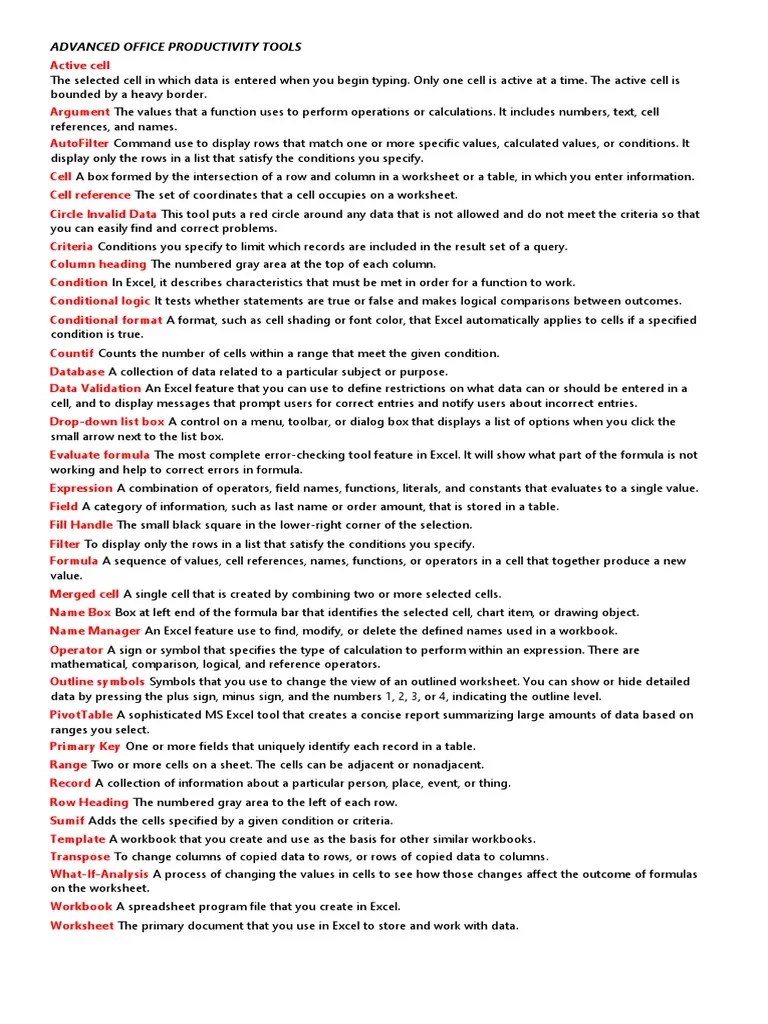An Introduction To Advanced Office Productivity Tools And Key Excel Concepts | PDF | Microsoft ...