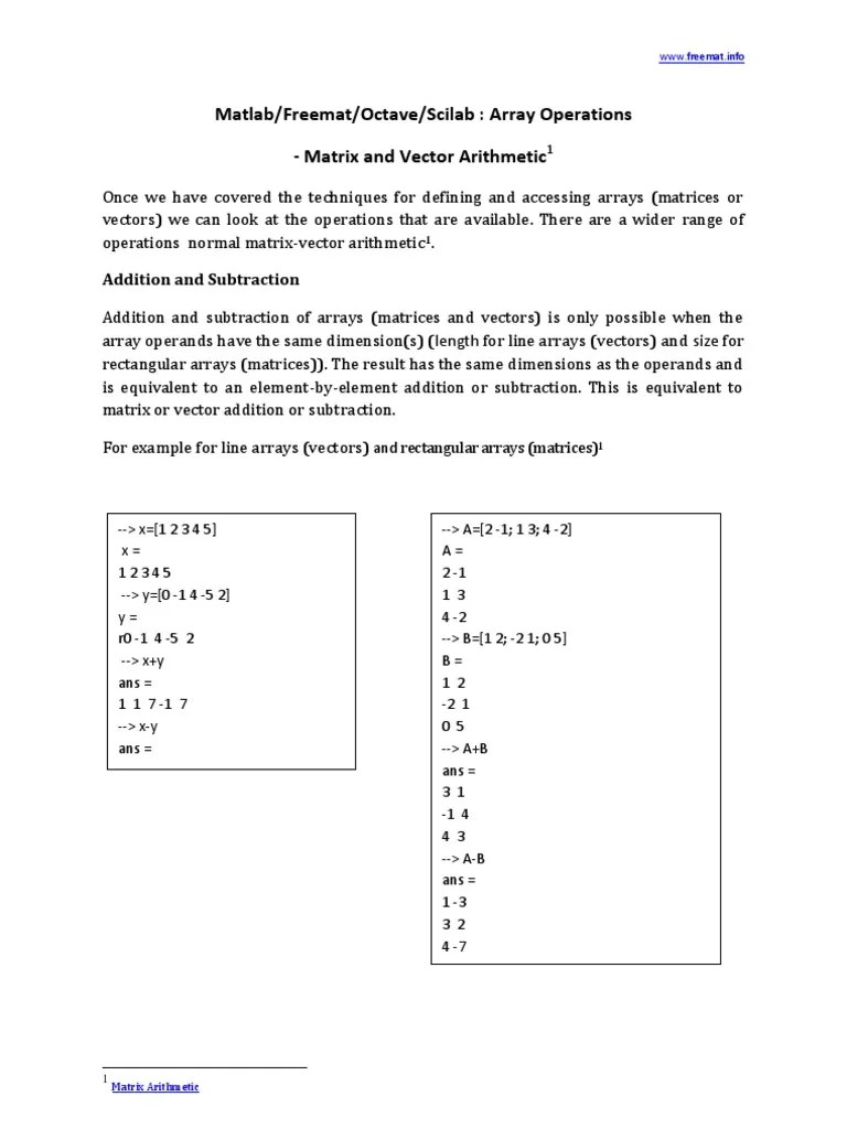 Array Operations - Matrix And Vector Arithmetic In Matlab, Freemat And ...