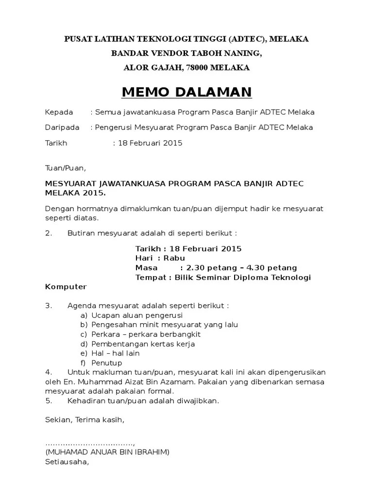 Contoh memo dan surat panggilan mesyuarat staf kali pertama sesi 2020. Memo Panggilan Mesyuarat Pdf