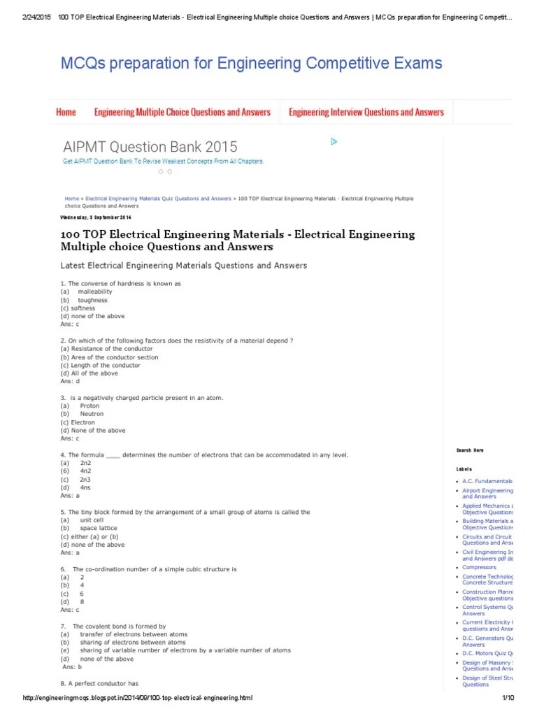 100 TOP Electrical Engineering Materials - Electrical Engineering Multiple Choice Questions And ...