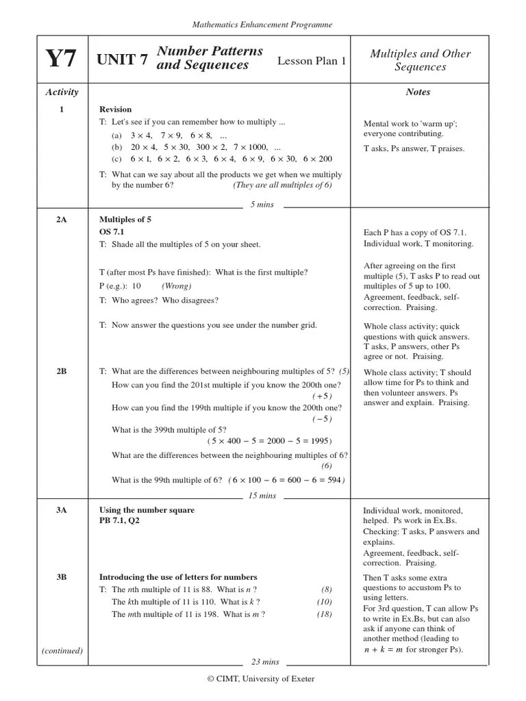 Y7 Number Patterns Sequences Pdf Teaching Mathematics Science