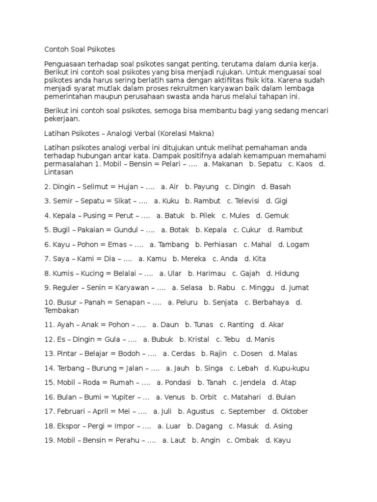 Tes psikotes kerja yang berikutnya adalah analog verbal adalah kemampuan verbal. 14 Contoh Soal Psikotes Hubungan Kata Contoh Soal Terbaru