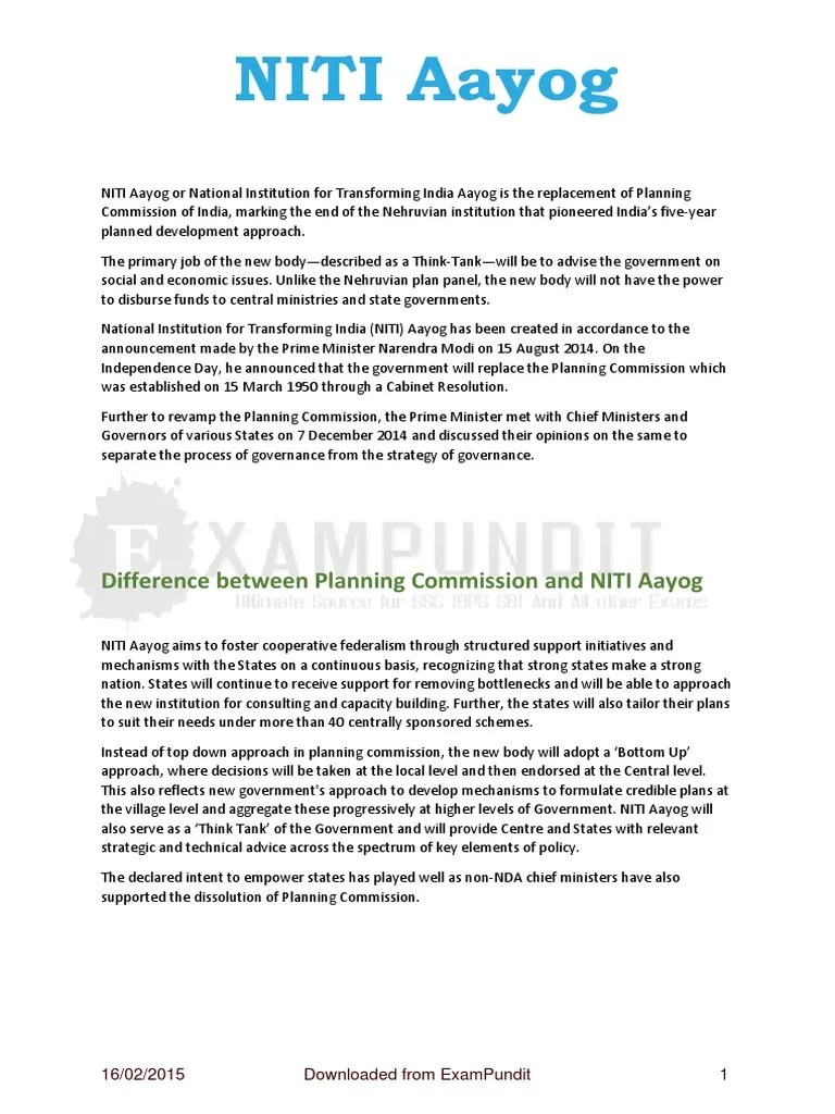 Difference Between Planning Commission And NITI Aayog | Download Free PDF | Government