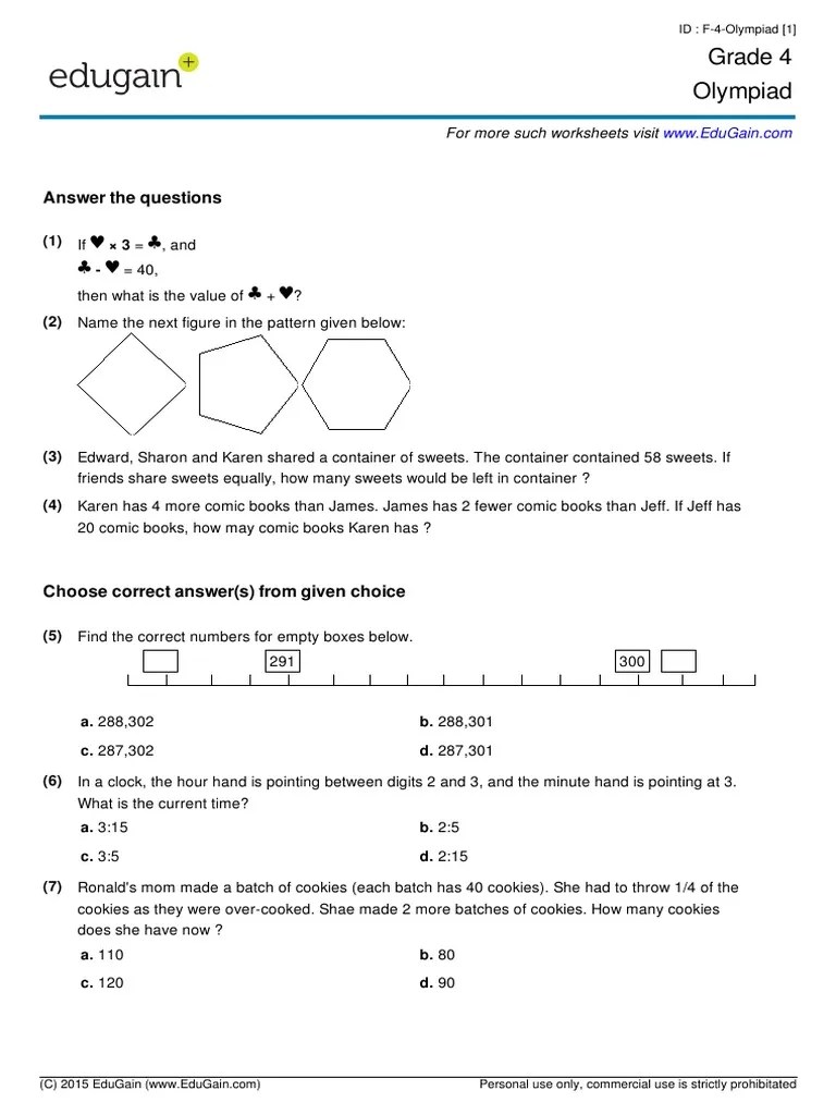 Printable worksheets for class 4 imo and other math olympiad exam. grade4 olympiad teaching mathematics