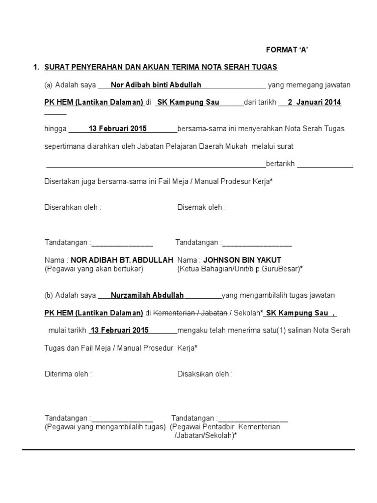 2, senarai tugas jawatan, ii. Surat Penyerahan Dan Akuan Terima Nota Serah Tugas Siti Kepada Theresa Pdf