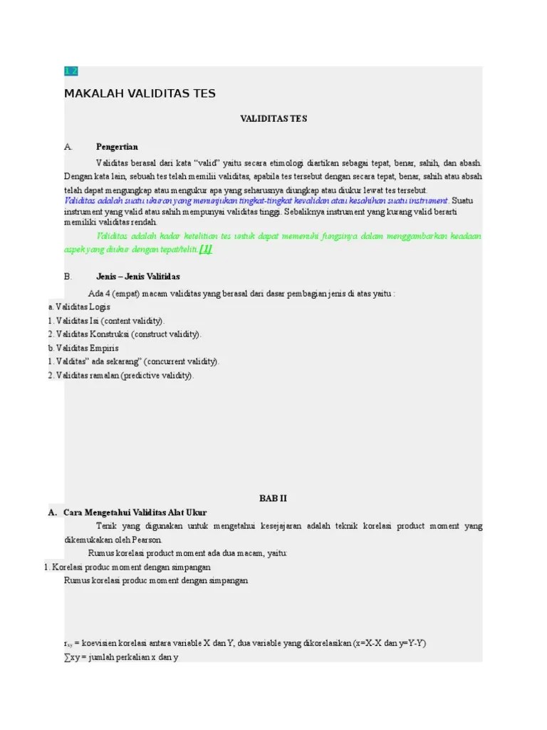 Tes dan wawancara dilakukan untuk mengetahui lebih dalam proses berpikir kreatif siswa dalam menyelesaikan soal open ended yang diberikan. Tes Validitas Pdf