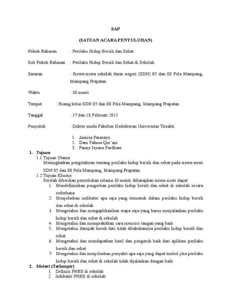 Satuan Acara Penyuluhan PHBS Di Sekolah | PDF