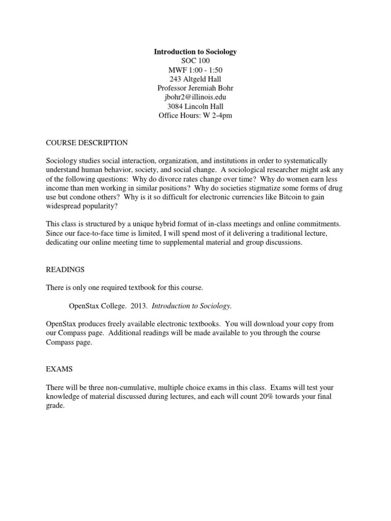 Soc 100 Syllabus | PDF | Concept | Sociology