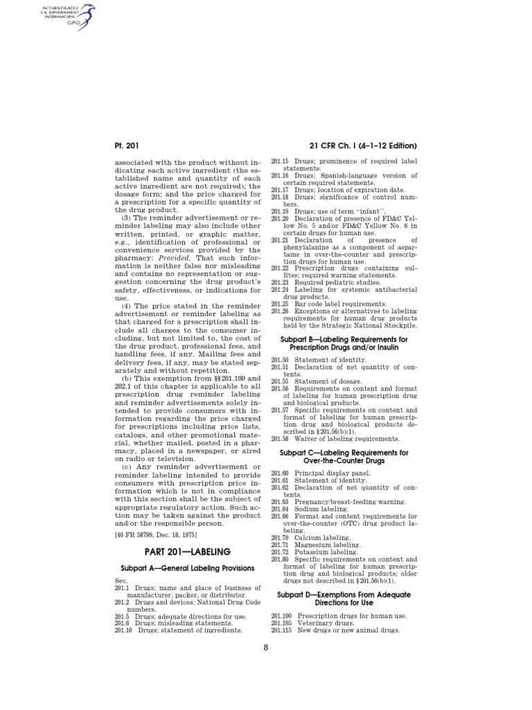 21 CFR 201 Labeling | PDF | Over The Counter Drug | Phenylalanine