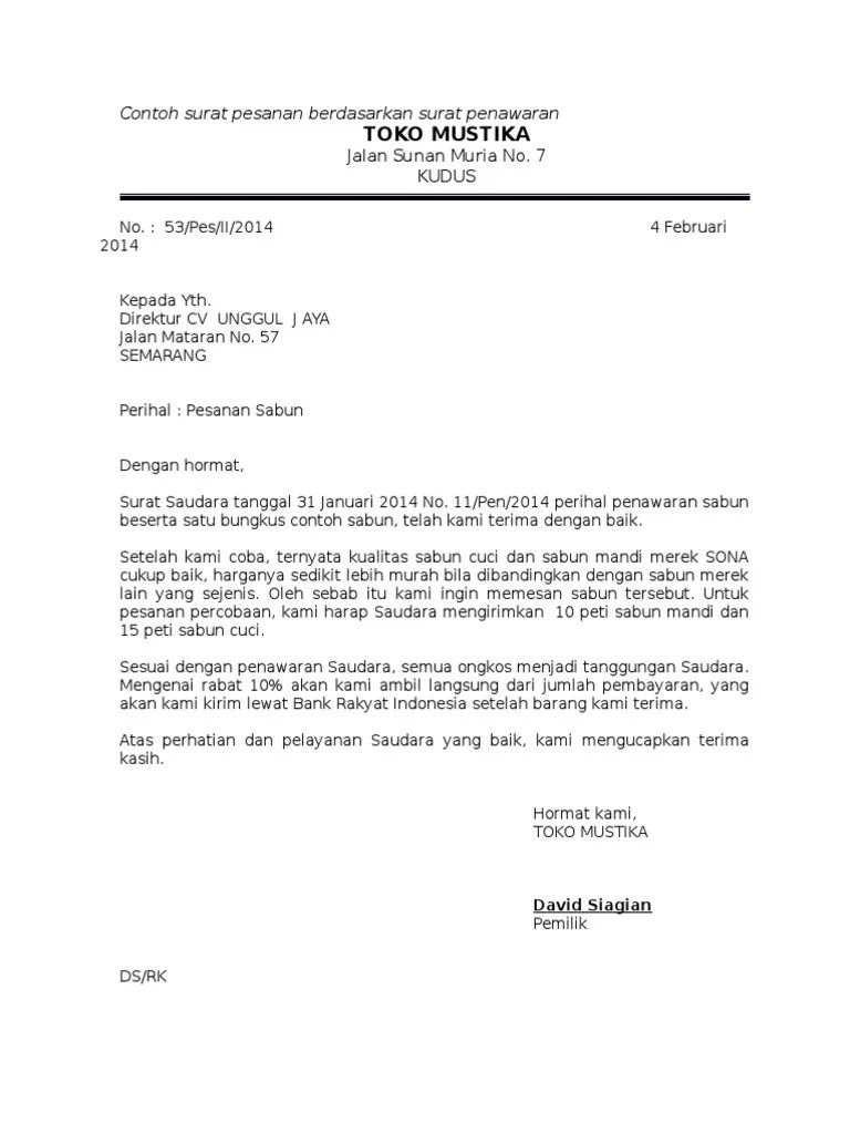 Contoh Surat Pesanan Berdasarkan Surat Penawaran | PDF