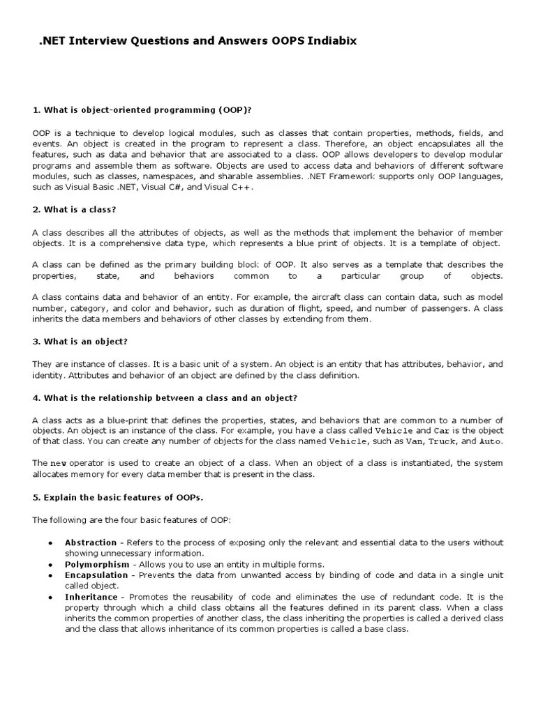 NET Interview Questions And Answers OOPS Indiabix | PDF | Class ...