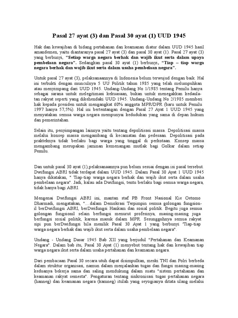 Pasal 27 Ayat 3 Dan Pasal 30 Ayat 1 UUD 1945 | PDF