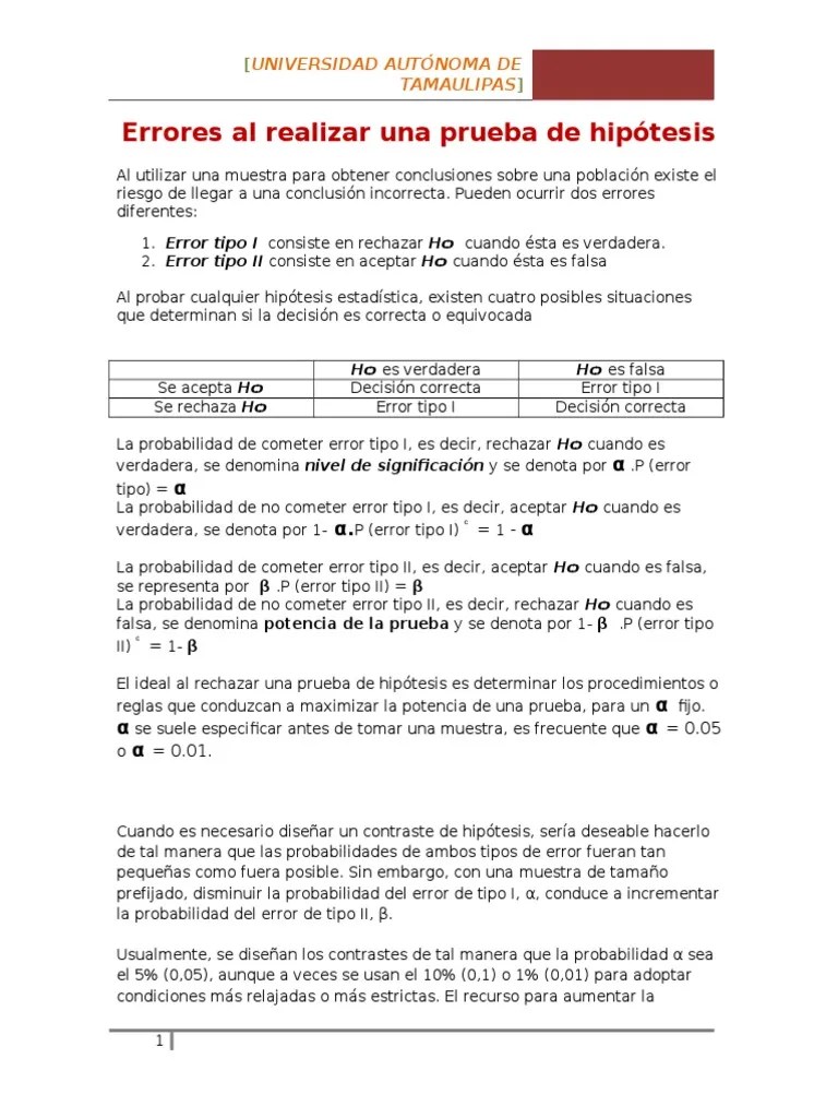 Error Tipo I Y II En Pruebas De Hipótesis | PDF | Errores Tipo I Y Tipo Ii | Prueba De Hipótesis ...