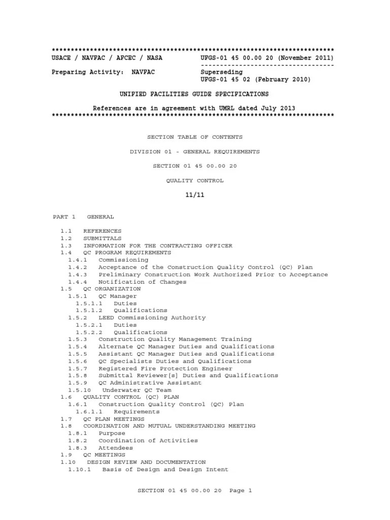 Usace Navfac Afcesa Nasa Quality Control Requirements Ufgs