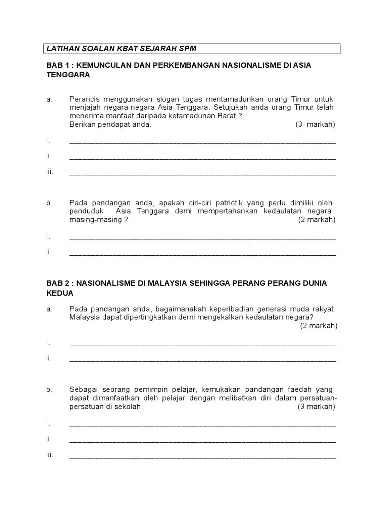 ٧ ربيع الآخر ١٤٤٣ هـ. Latihan Soalan Kbat Sejarah Spm Pdf