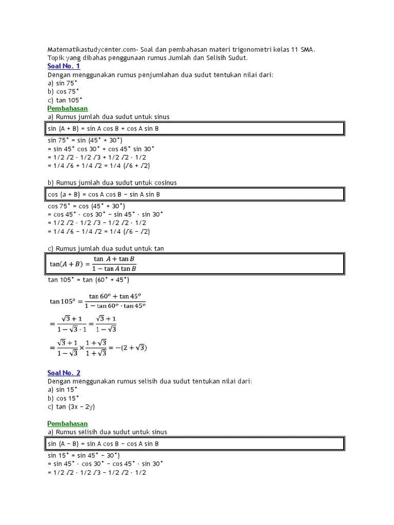 Contoh soal cerita trigonometri dan pembahasannya kelas 11. Soal-soal Trigonometri Matematika SMA kelas XI