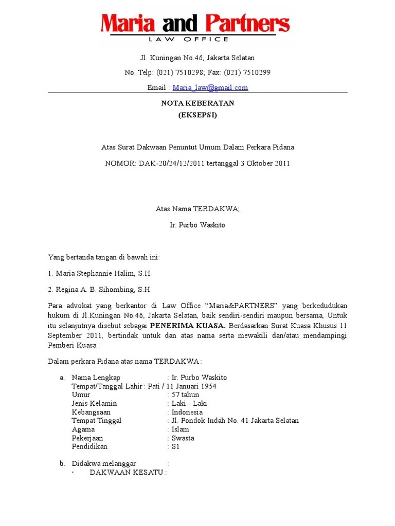 Jaksa penuntut umum (jpu) pada jaksa agung muda tindak pidana umum . Contoh Nota Keberatan Pdf