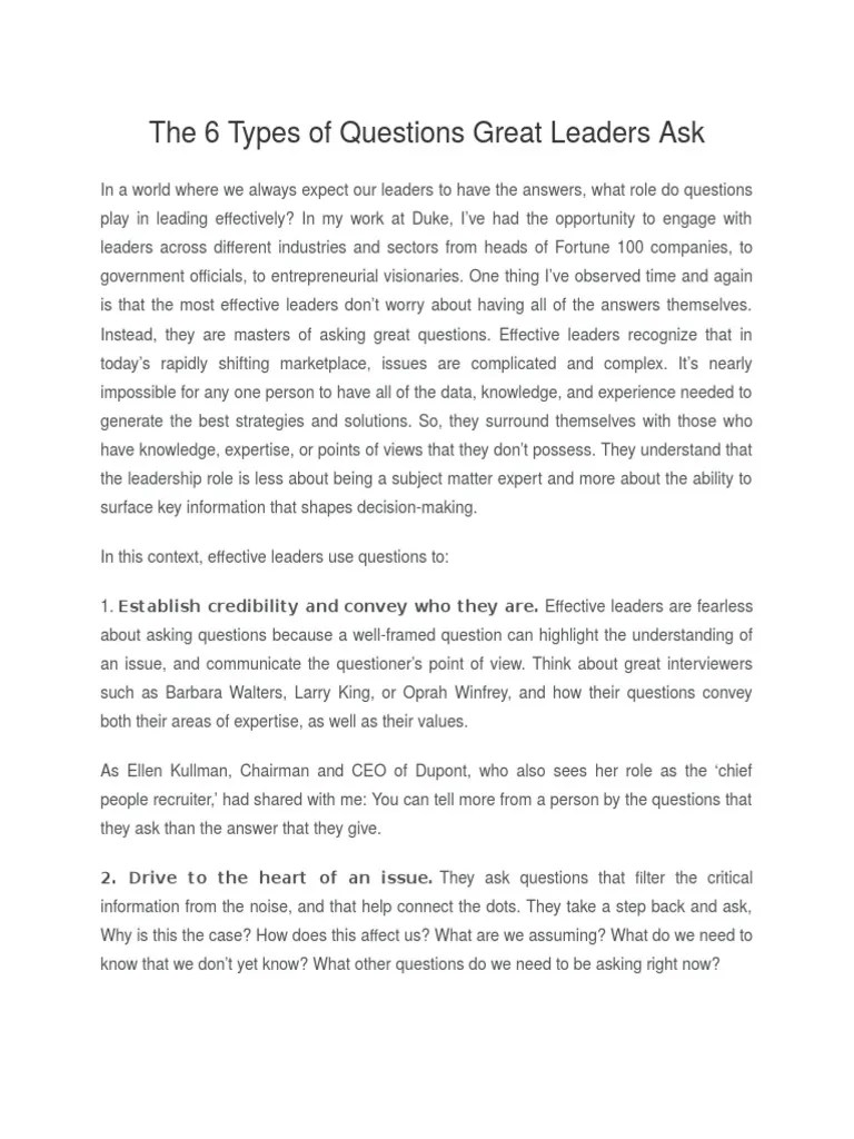 The 6 Types Of Questions Great Leaders Ask | PDF | Expert | Leadership