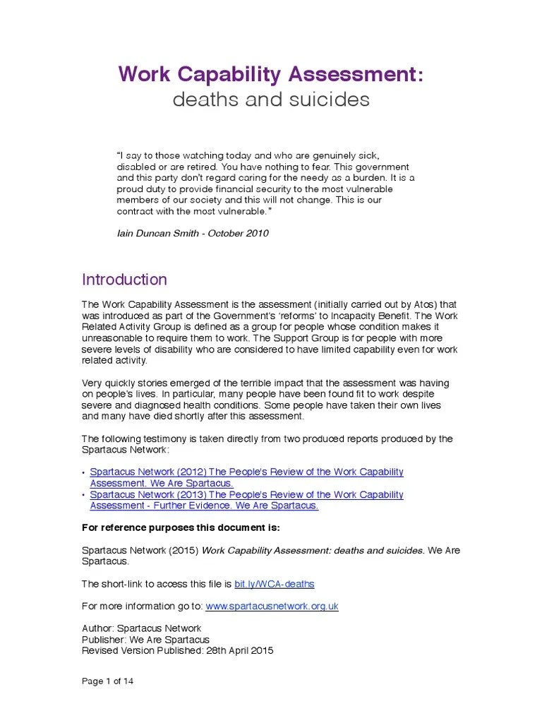 Work Capability Assessment: Deaths And Suicides | PDF | Medicine | Clinical Medicine
