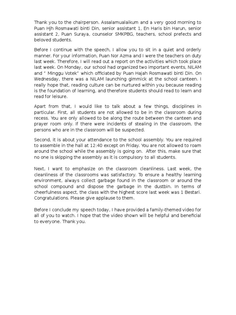 Speech For School Assembly | PDF | Pedagogy | Cognition