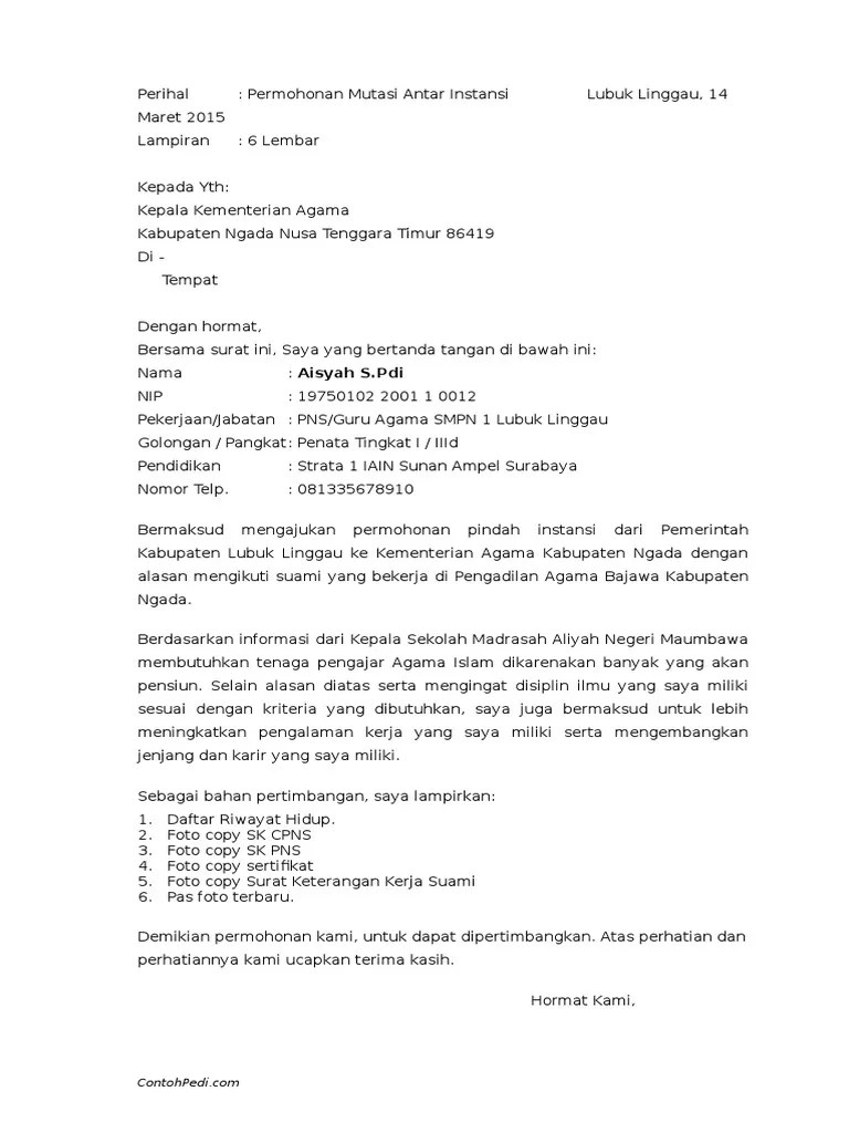 Gambar contoh surat mutasi guru honorer sd terbaru 2019. Surat Permohonan Izin Mutasi Antar Instansi Contohpedi C0m
