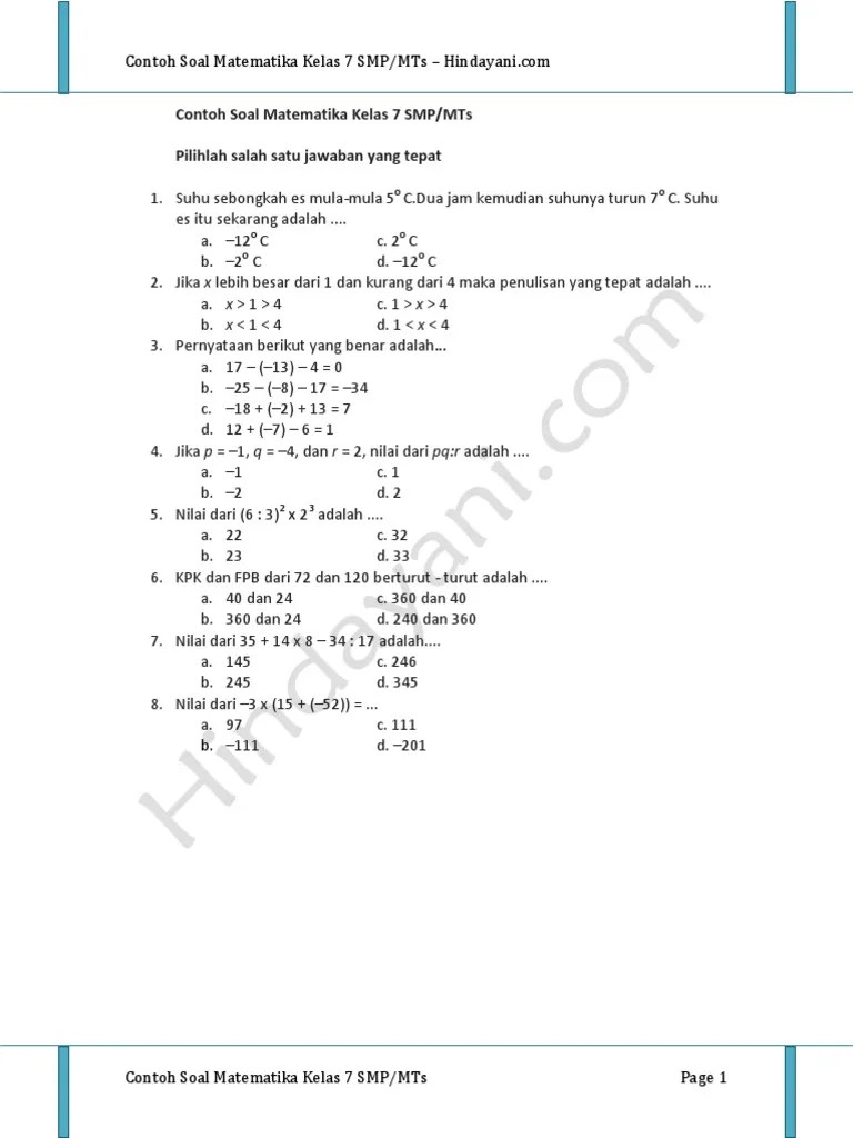 soal uas matematika kelas 6 sd semester 2 dan pembahasan. Contoh Soal Matematika Kelas 7 Smp Mts Pdf