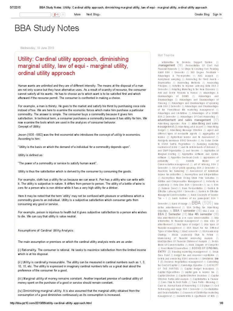 BBA Study Notes - Utility - Cardinal Utility Approach, Diminishing ...