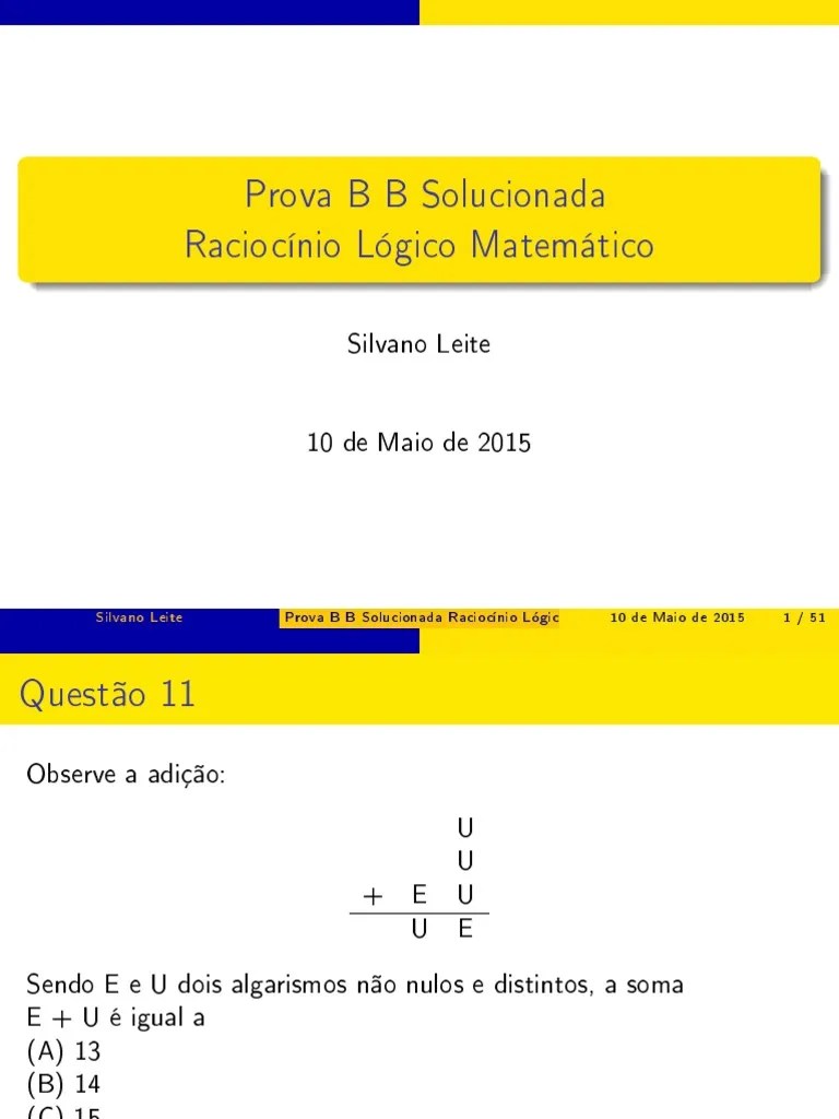Prova De Matemática E Raciocínio Lógico Do Escriturário Banco Do Brasil ...