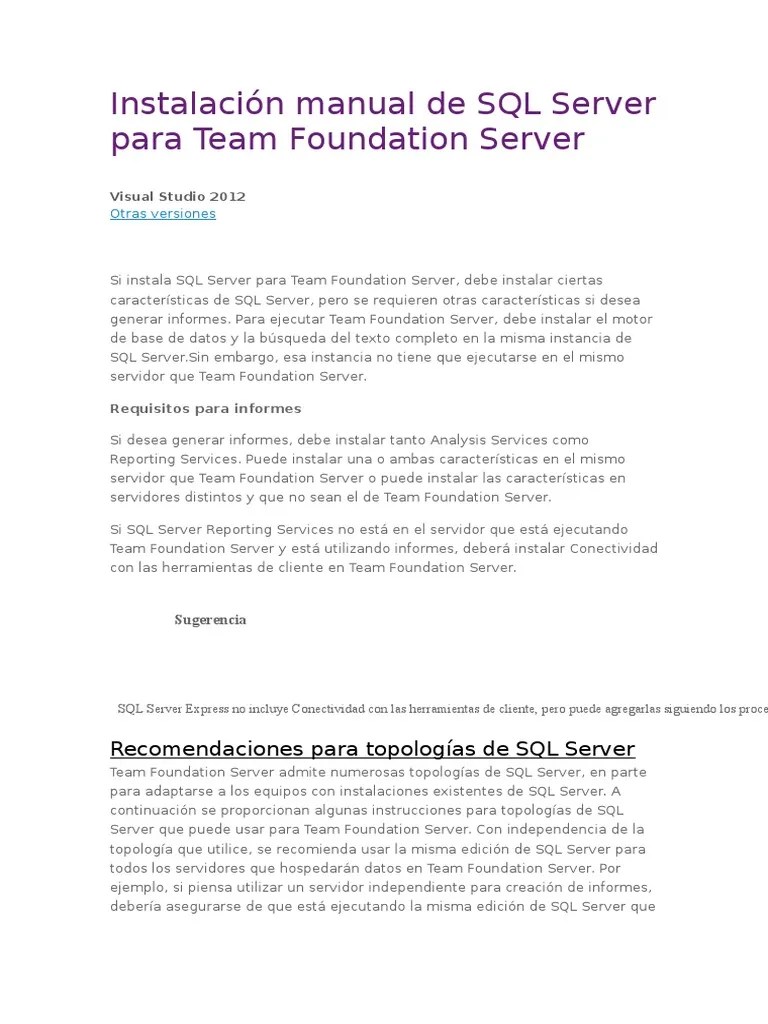 Instalación Manual De SQL Server Para Team Foundation Server | PDF | Servidor SQL De Microsoft ...