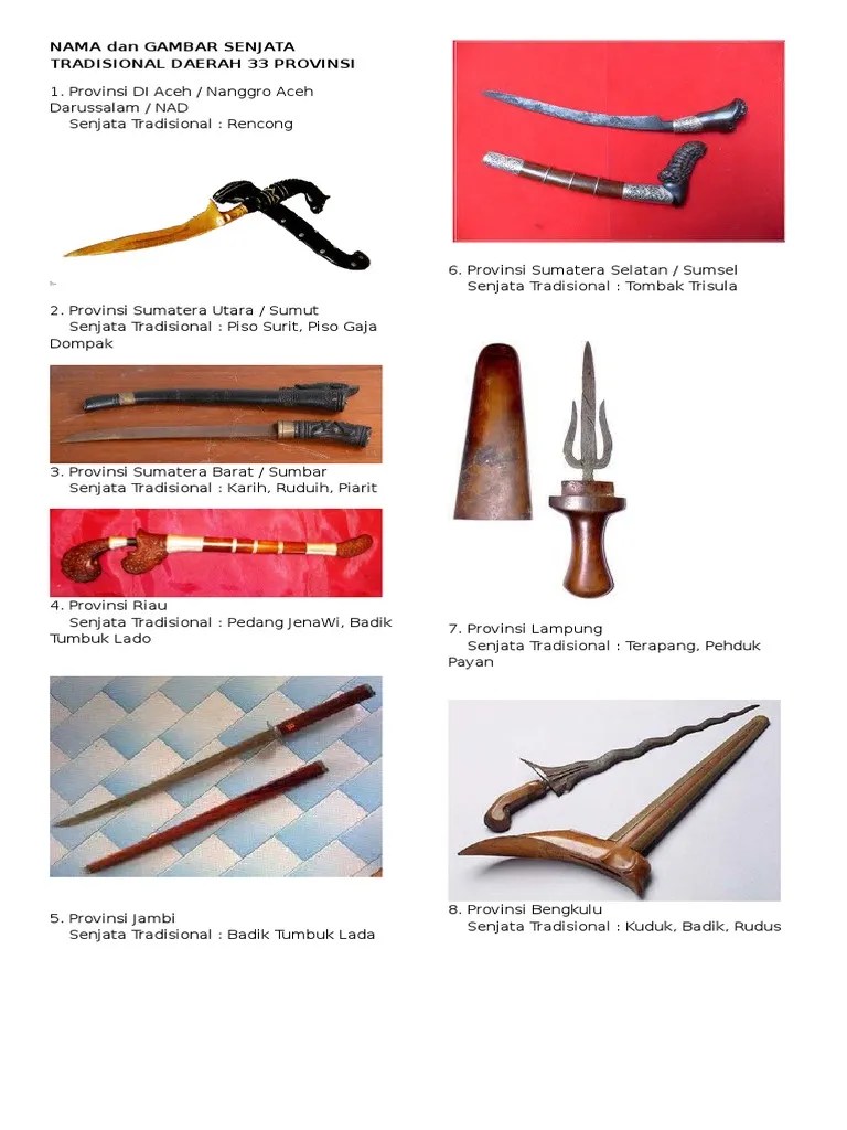 Nama Dan Gambar Senjata Tradisional Daerah 33 Provinsi | PDF