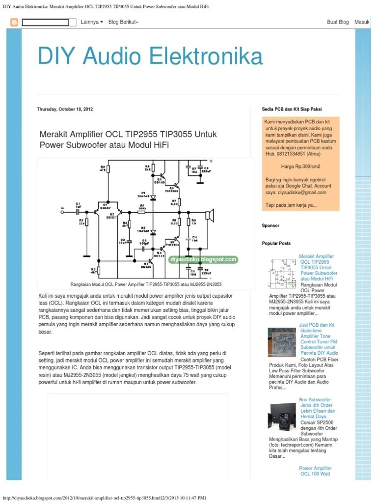 Diy Audio Elektronika Merakit Amplifier Ocl Tip2955