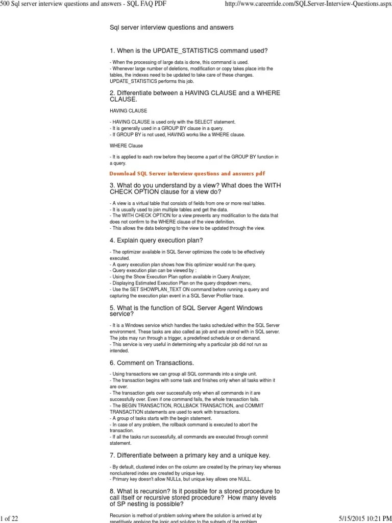 500 SQL Server Interview Questions And Answers - SQL FAQ PDF | PDF ...