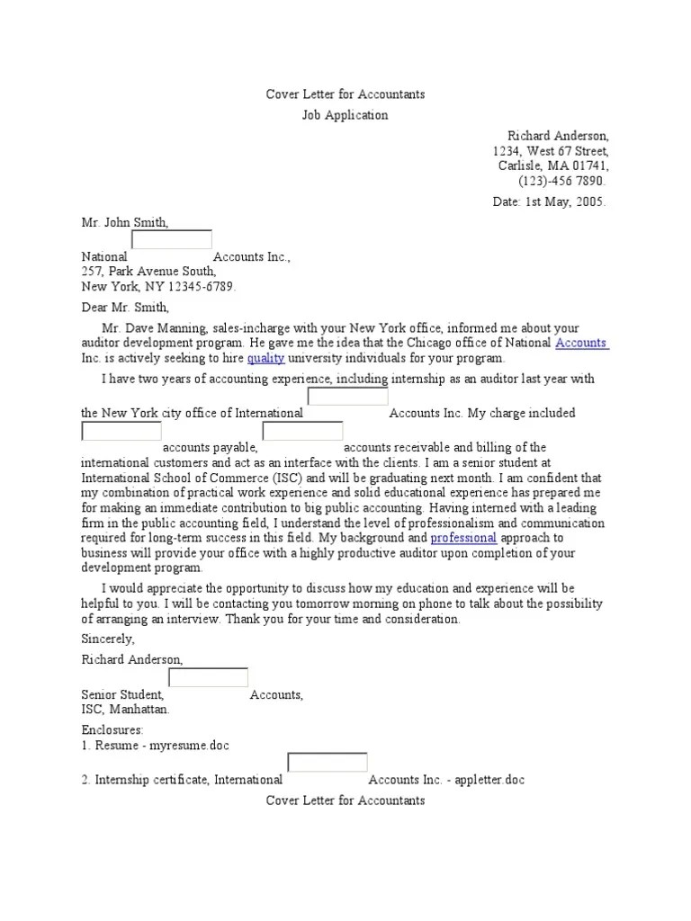 Here are some of the best cover letter examples, including one submitted to us at hubspot. Cover Letter For Accountants Pdf Accountant Internship