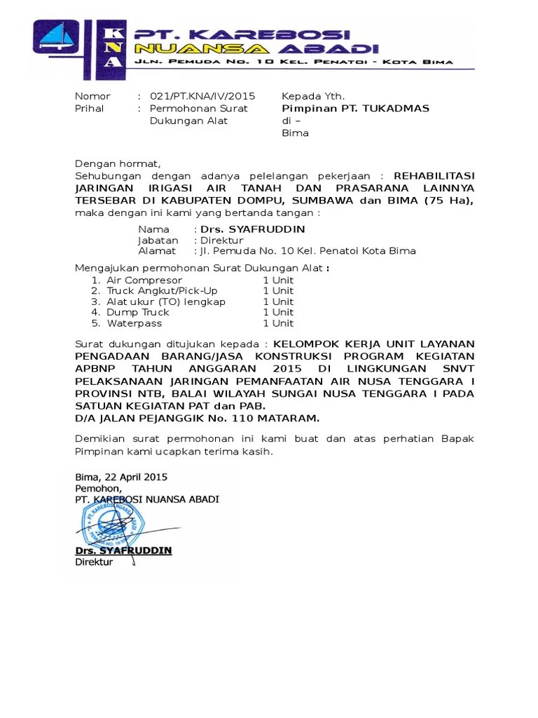 10.000 yang ditandatangani oleh direksi badan usaha. Contoh Surat Permohonan Dukungan Alat Contoh Surat