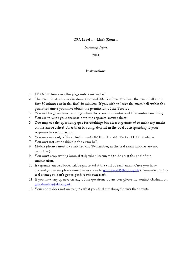 CFA Level 1 Mock Exam 1 Morning Paper | PDF | Stocks | Bonds (Finance)