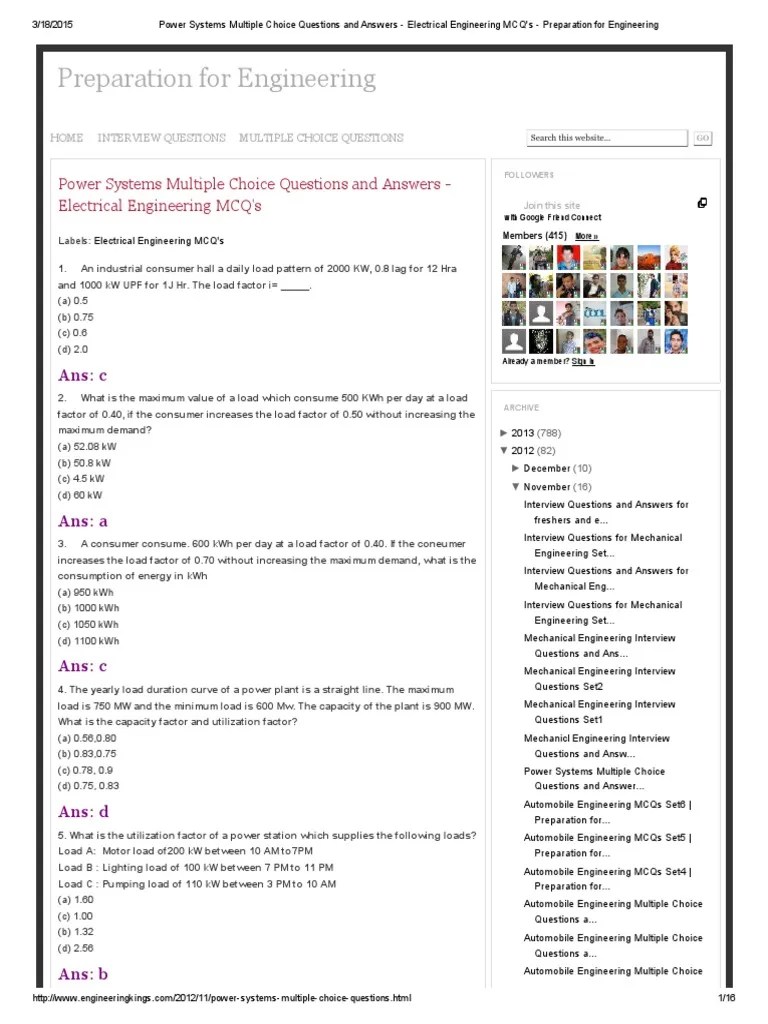 Power Systems Multiple Choice Questions And Answers - Electrical ...