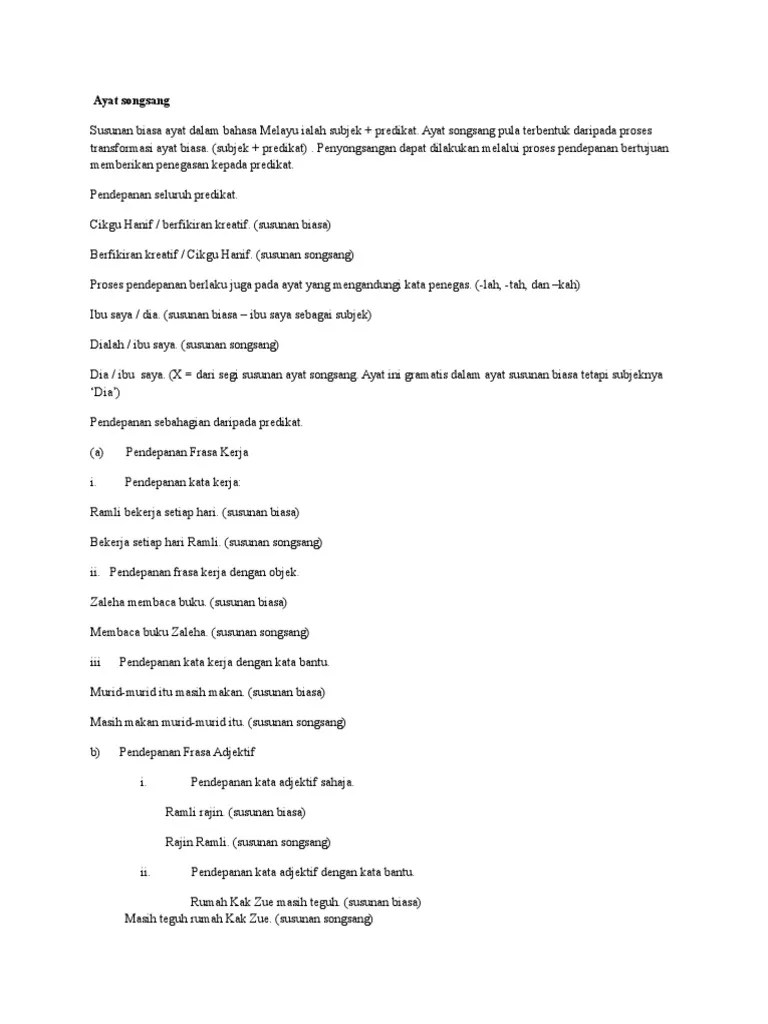 Baca versi flipbook dari buku teks bahasa melayu tingkatan 1. Ayat Songsang Pdf