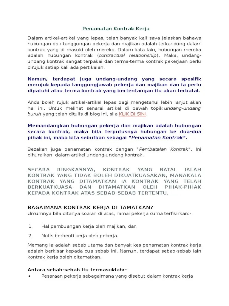 Hal ini akan dimaklumkan oleh majikan menerusi surat pengesahan jawatan. Penamatan Kontrak Kerja Pdf