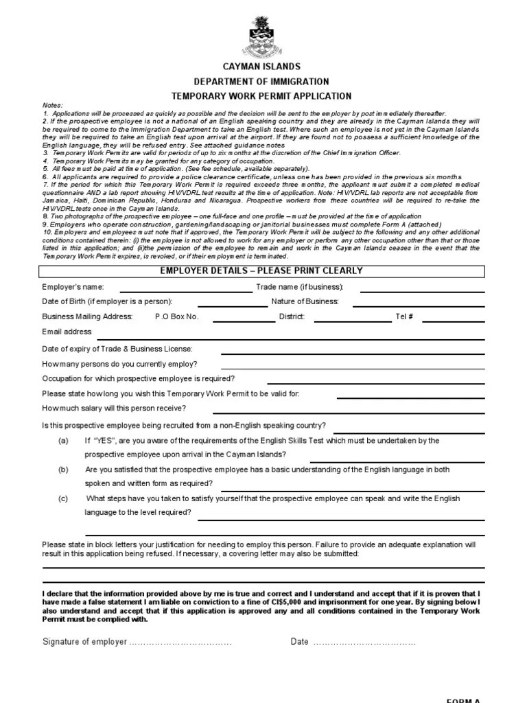 Cayman Islands Temporary Work Permit Application Form | Temporary Work | Cayman Islands