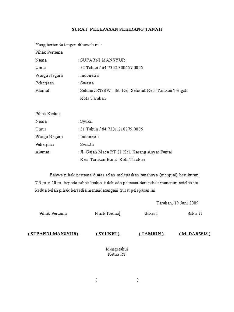 surat pernyataan pelepasan hak atas tanah. Surat Pelepasan Sebidang Tanah Pdf