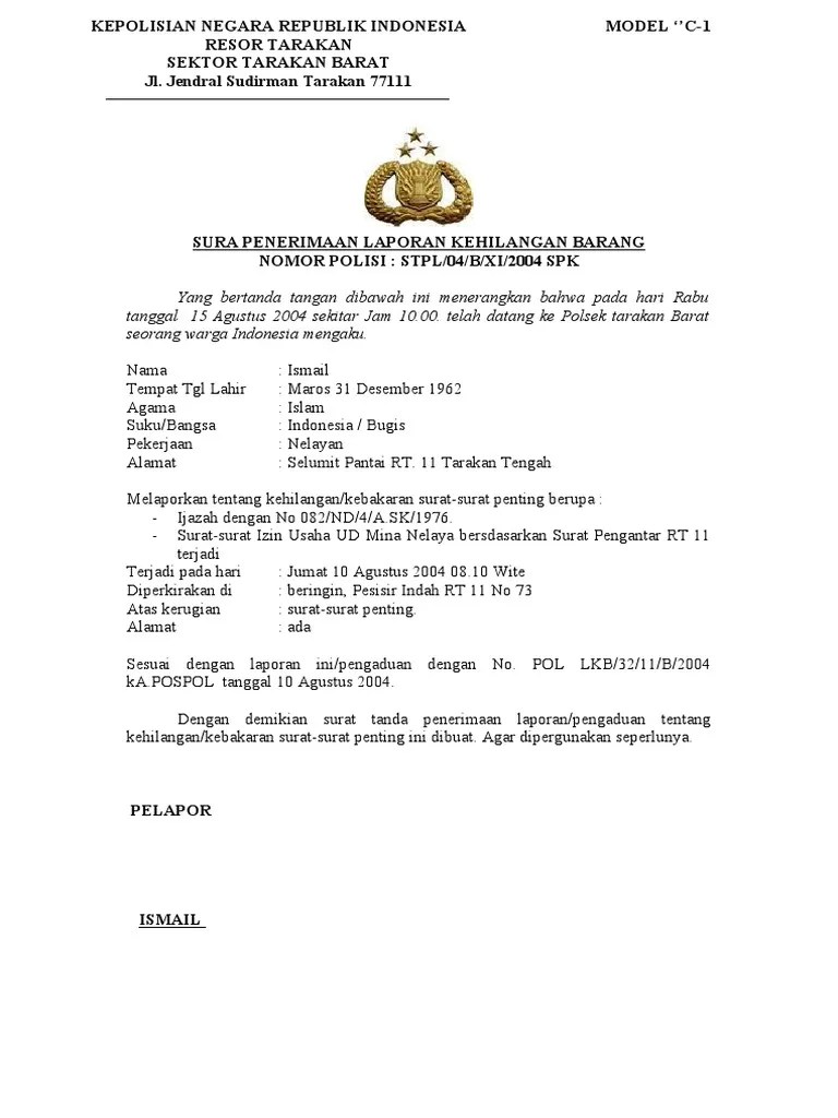 Buku pemilik kendaraan bermotor (bpkb); Contoh Surat Tanda Penerima Laporan Kehilangan Barang